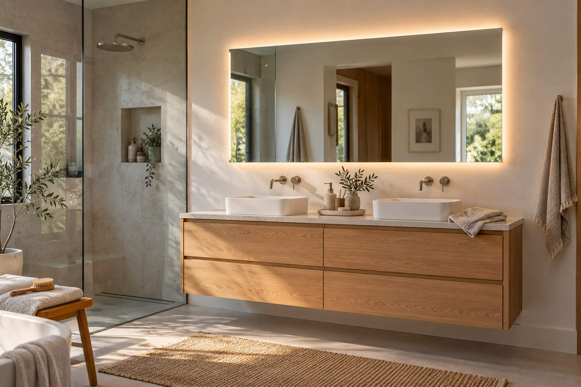 A bathroom with a backlit rectangular mirror glowing above a floating oak double vanity with two white vessel sinks