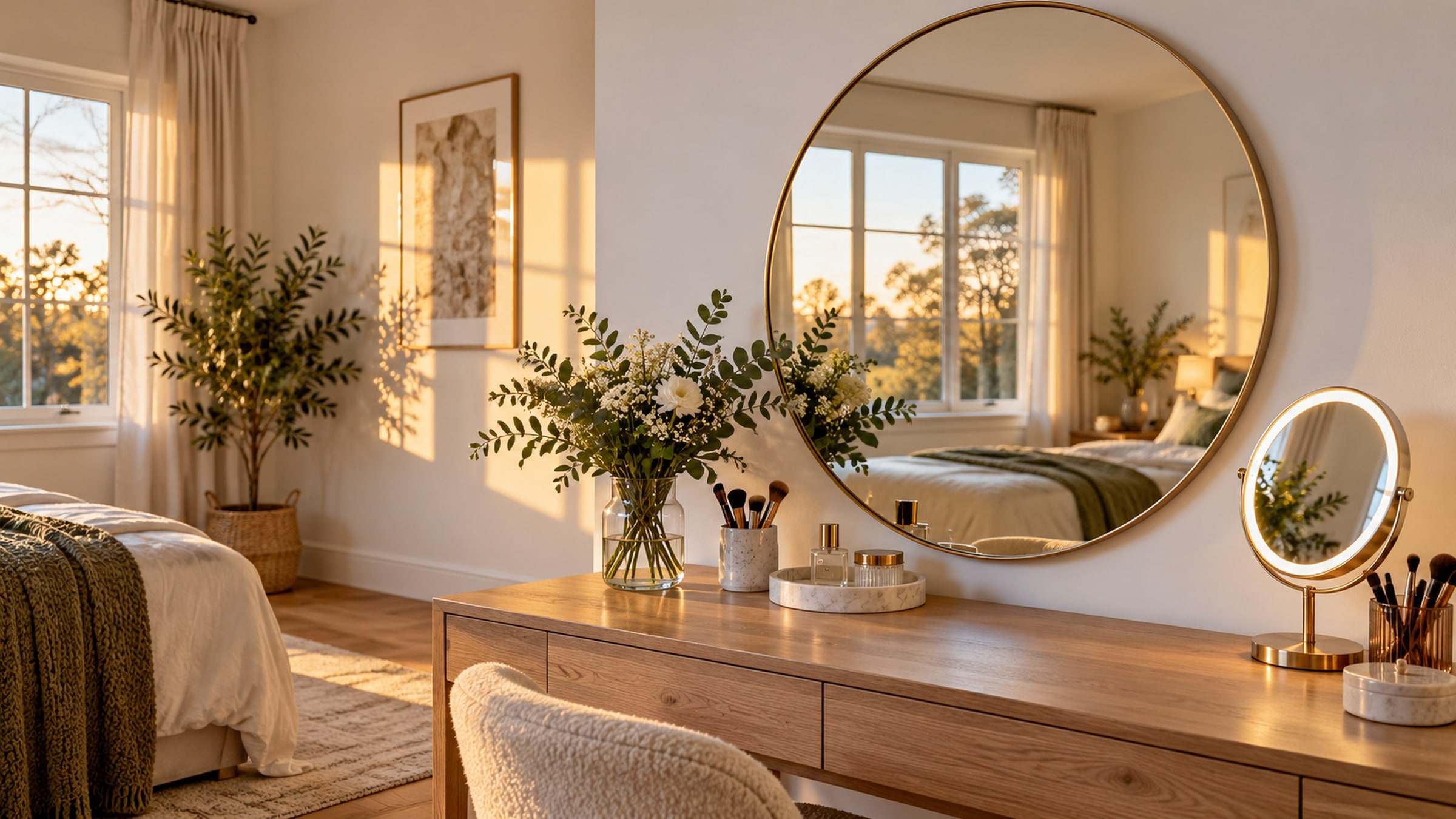 A bedroom vanity at golden hour: a large round brass-framed mirror above an oak desk, with a lighted tabletop makeup mirror, brushes and a vase of eucalyptus