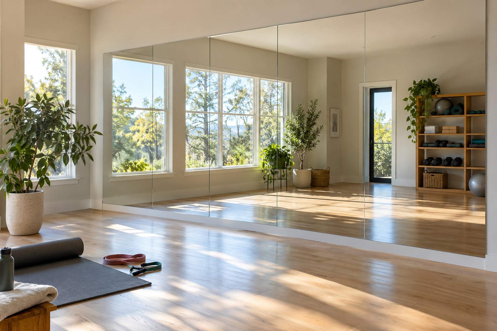 A bright home workout room with a wall of frameless mirror panels, a light wood floor, a yoga mat and resistance bands