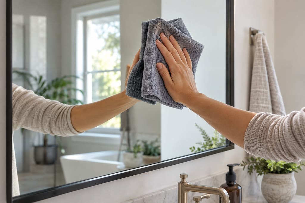 Hand pressing a dry gray microfiber cloth against a large bathroom mirror to wipe off dust before cleaning