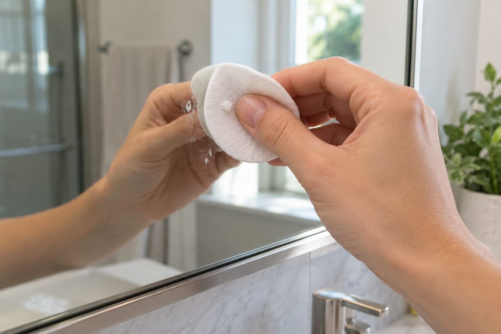 Fingers dabbing a cotton pad on a dried white toothpaste spot on a bathroom mirror
