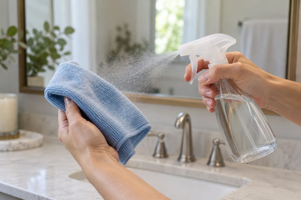 Hand spraying clear cleaner from an unlabeled spray bottle onto a blue microfiber cloth held in front of a bathroom mirror