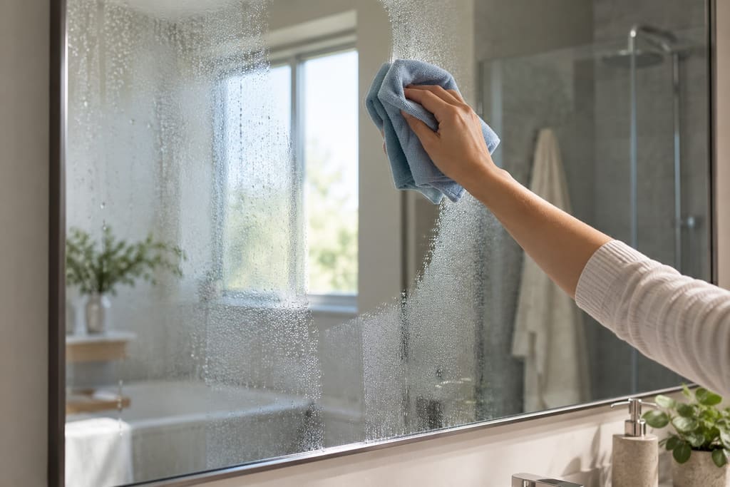 Hand wiping a damp bathroom mirror with a blue microfiber cloth, leaving a clear band through the water droplets
