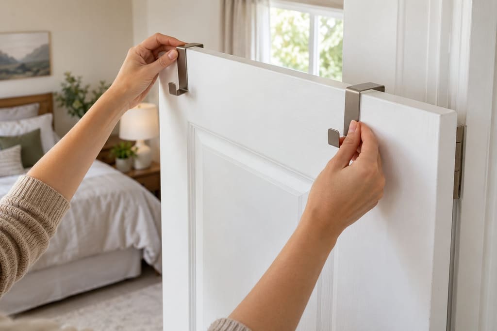 Two hands pressing a pair of brushed metal over-the-door hooks onto the top edge of a white panel door, with a bedroom out of focus behind