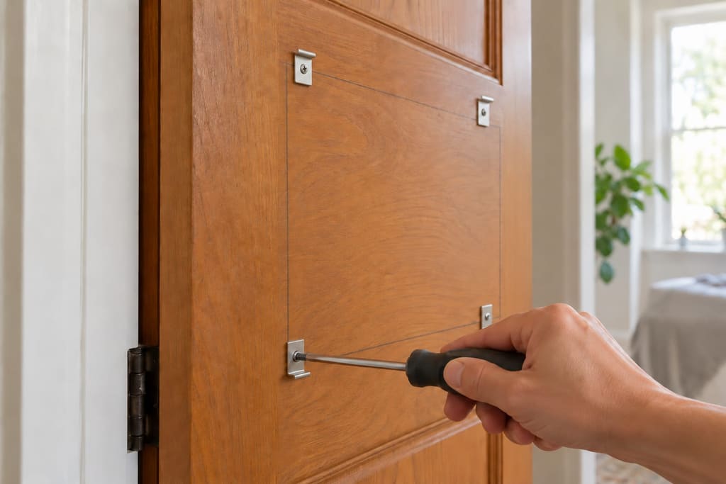 A hand using a screwdriver to fix small metal mirror clips at the corners of a pencil-drawn rectangle on a wooden door, with the hinge visible at the left edge
