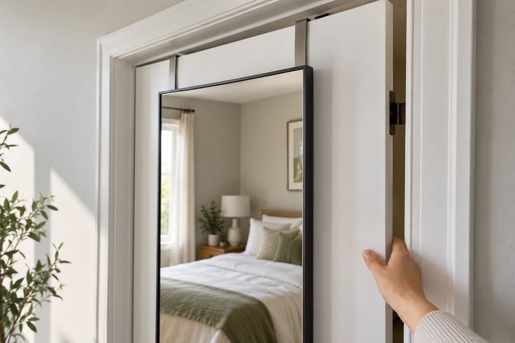 A hand slowly swinging a white door with a black-framed mirror hanging from over-the-door hooks, checking the clearance between the hooks and the door frame