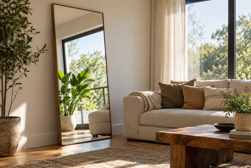 A tall wood-framed floor mirror leaning against a living room wall, reflecting a large window and a potted plant, beside a linen sofa and a wooden coffee table
