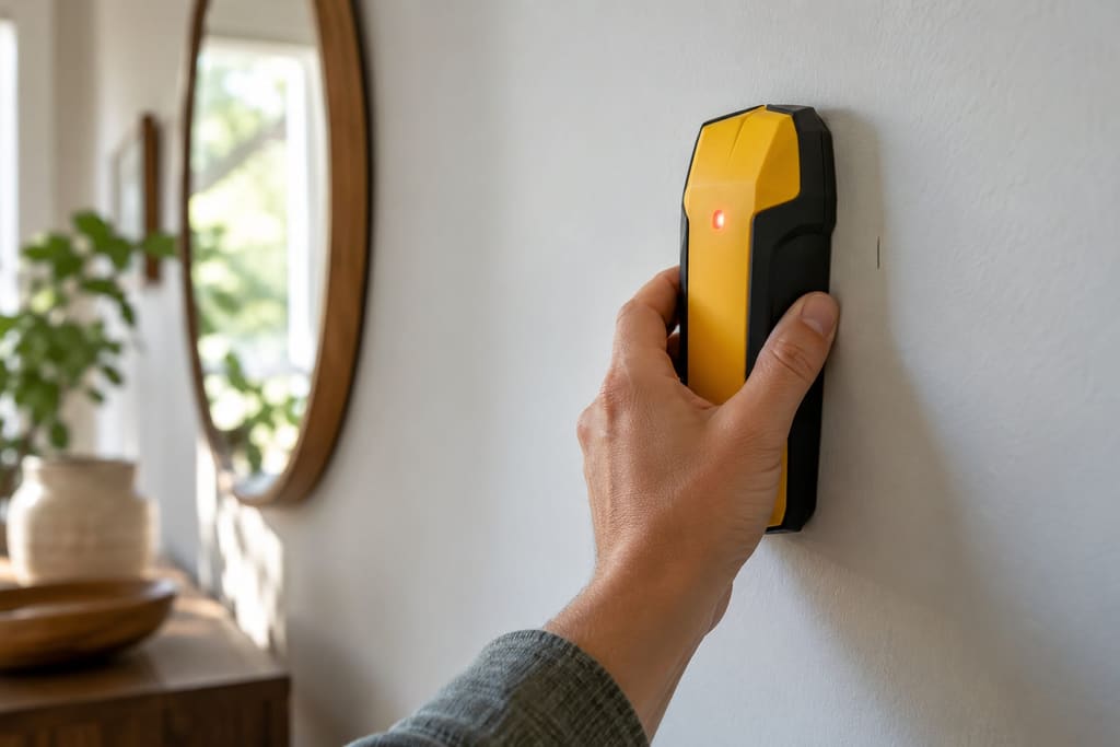 Hand holding a yellow and black stud finder flat against a white wall, its red indicator light on, with a round wood-framed mirror hanging nearby
