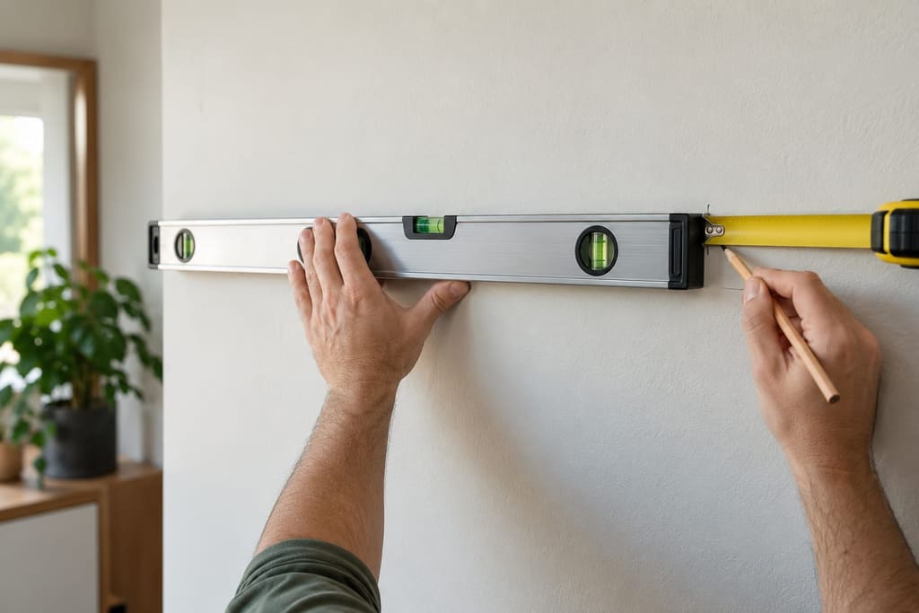 Two hands holding a long aluminum spirit level against a white wall and marking a pencil line beside an extended tape measure