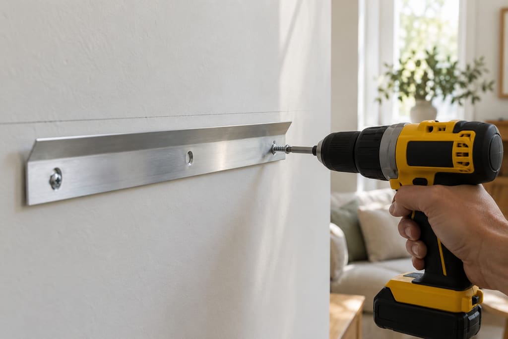 Cordless drill driving a screw through an aluminum cleat strip fixed horizontally to a white wall