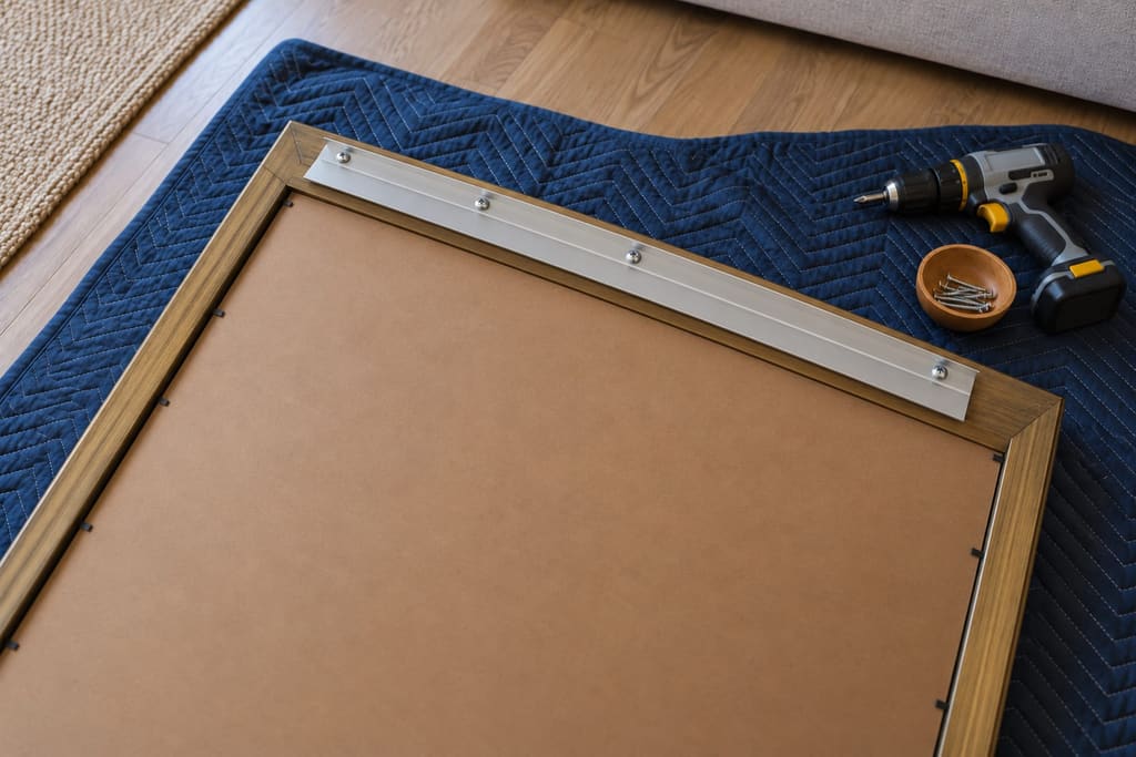 Back of a wood-framed mirror lying face down on a blue moving blanket, with an aluminum cleat screwed along the top of the frame and a drill and a dish of screws beside it