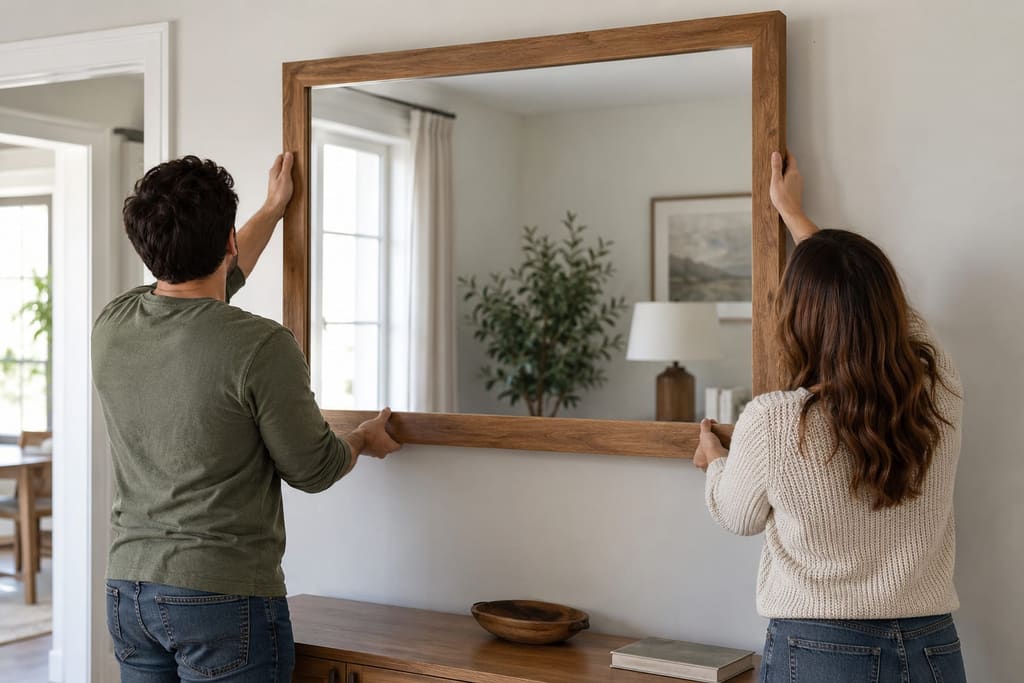 Two people lifting a large wood-framed mirror against a wall above a wooden sideboard, one at each side, to lower it onto the wall cleat