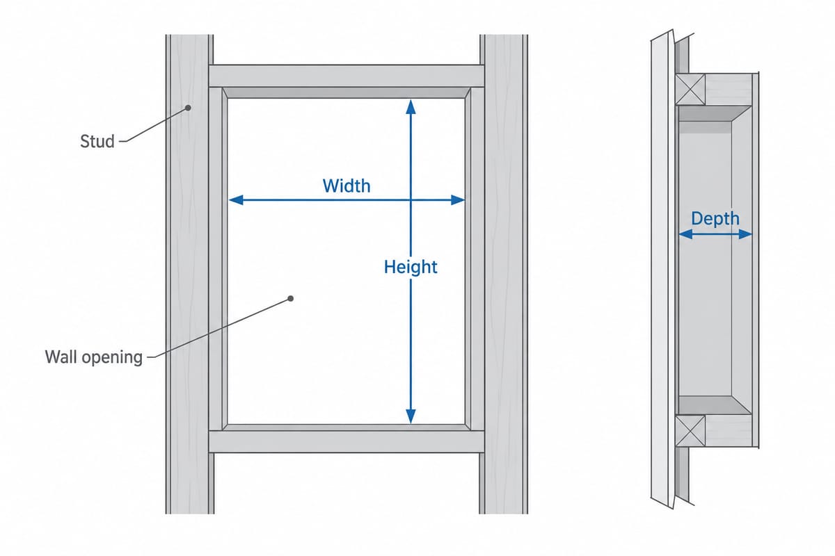 Diagram showing where to measure width, height and depth of a medicine cabinet opening
