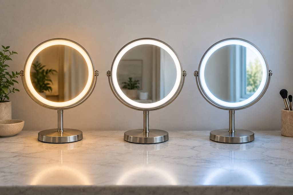 Three identical round tabletop mirrors on a marble counter, each ringed by an LED light: warm yellow on the left, neutral white in the middle and cool blue-white on the right